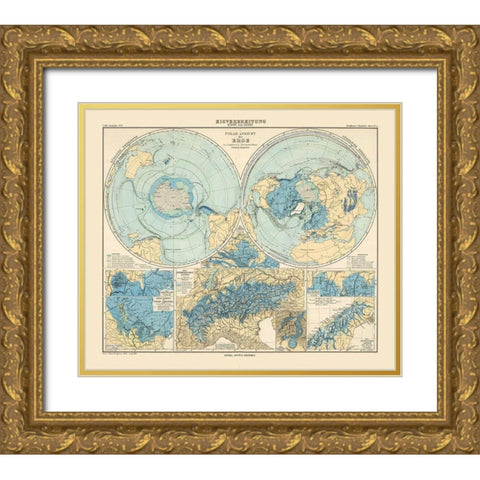 North Pole South Pole - Perthes 1884 Gold Ornate Wood Framed Art Print with Double Matting by Perthes