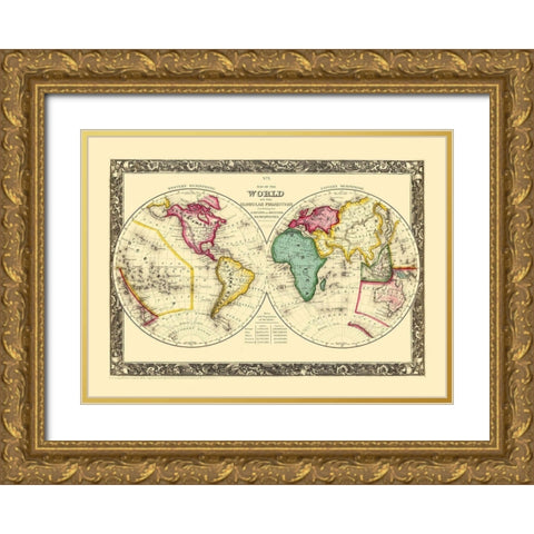 World Globular Projection - Mitchell 1860 Gold Ornate Wood Framed Art Print with Double Matting by Mitchell