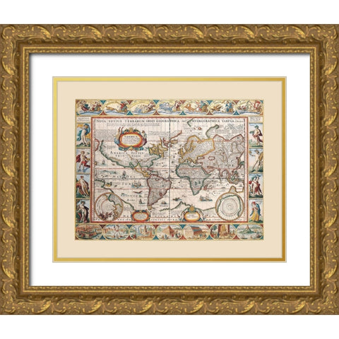 World - Blaeu Gold Ornate Wood Framed Art Print with Double Matting by Blaeu