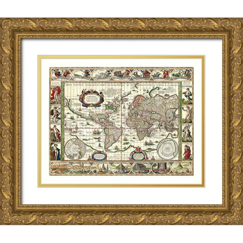 World America 1492 to 1499 - Bleau Gold Ornate Wood Framed Art Print with Double Matting by Blaeu