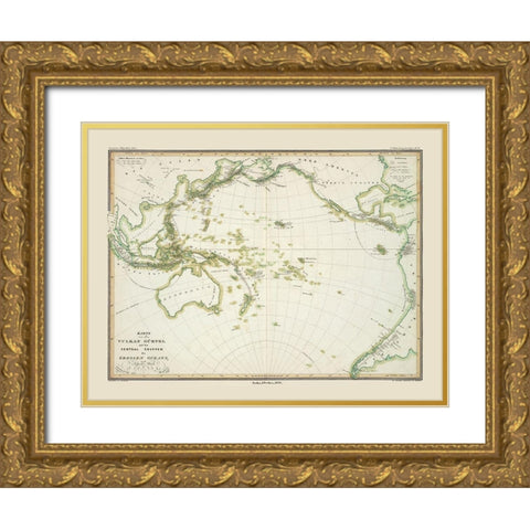 World Pacific Ocean - Perthes 1838 Gold Ornate Wood Framed Art Print with Double Matting by Perthes