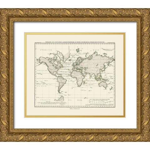 World Seas Air Pressure - Perthes 1839 Gold Ornate Wood Framed Art Print with Double Matting by Perthes