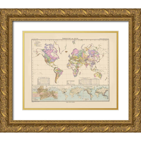 Overview of World - Perthes 1892 Gold Ornate Wood Framed Art Print with Double Matting by Perthes