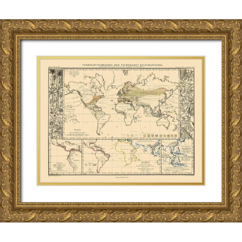 World Main Crops - Perthes 1859 Gold Ornate Wood Framed Art Print with Double Matting by Perthes
