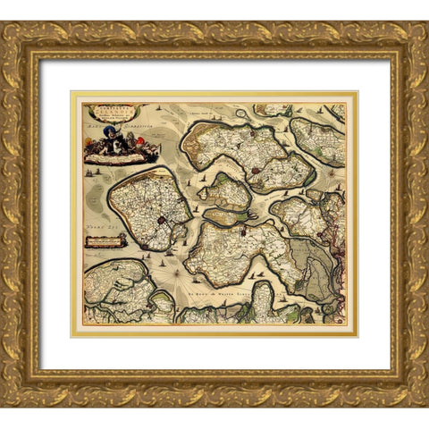 Zeeland Province Netherlands - Visscher 1680 Gold Ornate Wood Framed Art Print with Double Matting by Visscher