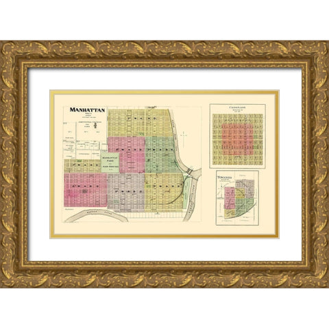 Manhattan, Coronado, Towanda Kansas - Everts 1887 Gold Ornate Wood Framed Art Print with Double Matting by Everts