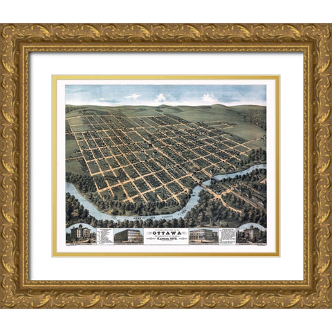 Ottawa Kansas - Glover 1872  Gold Ornate Wood Framed Art Print with Double Matting by Glover