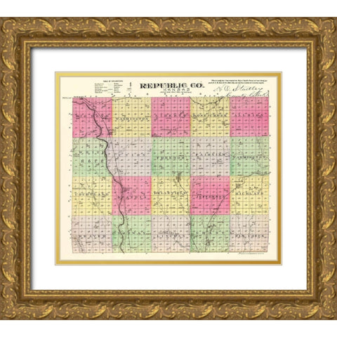 Republic Kansas - Everts 1887 Gold Ornate Wood Framed Art Print with Double Matting by Everts
