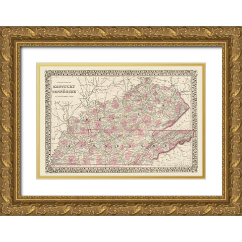 Kentucky, Tennessee Counties - Mitchell 1879 Gold Ornate Wood Framed Art Print with Double Matting by Mitchell