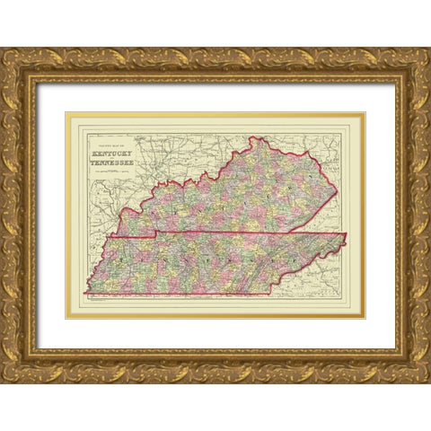 Kentucky, Tennessee Counties - Mitchell 1879 Gold Ornate Wood Framed Art Print with Double Matting by Mitchell