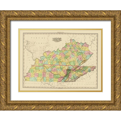 Kentucky, Tennessee Counties - Tanner 1825 Gold Ornate Wood Framed Art Print with Double Matting by Tanner