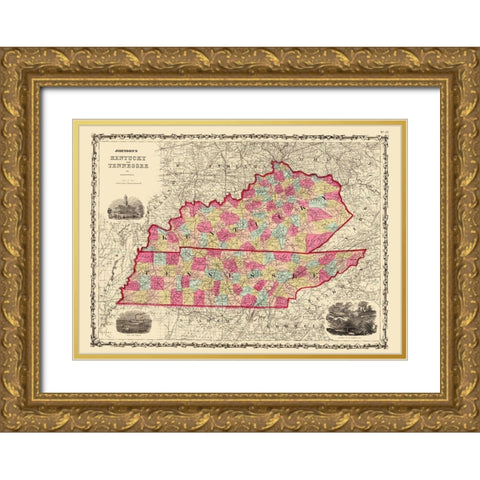 Kentucky, Tennessee - Johnson 1864 Gold Ornate Wood Framed Art Print with Double Matting by Johnson