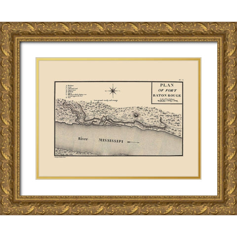 Fort Baton Rouge Louisiana - Collot 1796 Gold Ornate Wood Framed Art Print with Double Matting by Collot