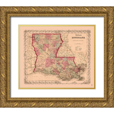 Louisiana - Colton 1855  Gold Ornate Wood Framed Art Print with Double Matting by Colton
