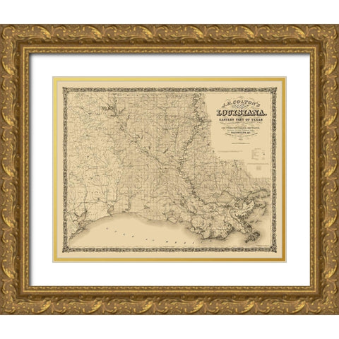 Louisiana Railroads - Colton 1863  Gold Ornate Wood Framed Art Print with Double Matting by Colton