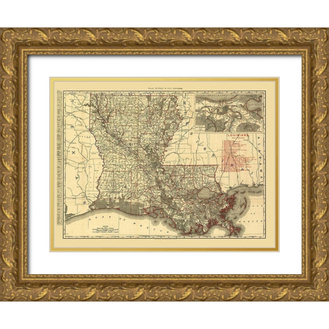 Louisiana Railroads - Rand McNally 1896  Gold Ornate Wood Framed Art Print with Double Matting by Rand McNally