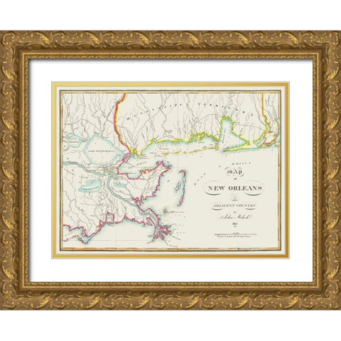 New Orleans Louisiana -Melish 1815 Gold Ornate Wood Framed Art Print with Double Matting by Melish