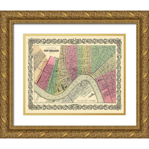 New Orleans Louisiana - Colton 1855 Gold Ornate Wood Framed Art Print with Double Matting by Colton