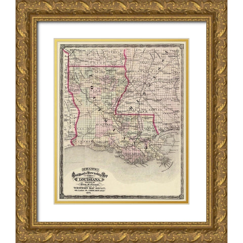Louisiana Railroad and Townships - Cram 1875 Gold Ornate Wood Framed Art Print with Double Matting by Cram