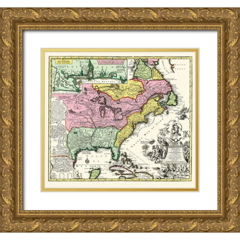 Eastern United States - Seutter 1734 Gold Ornate Wood Framed Art Print with Double Matting by Seutter