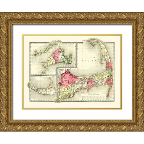 Barnstable Massachusetts - Walling 1871 Gold Ornate Wood Framed Art Print with Double Matting by Walling