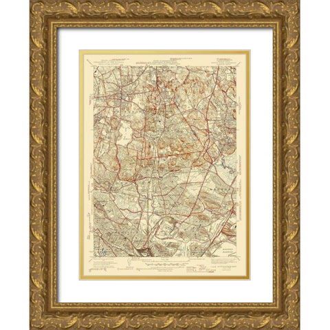 Boston South Massachusetts Quad - USGS 1946 Gold Ornate Wood Framed Art Print with Double Matting by USGS