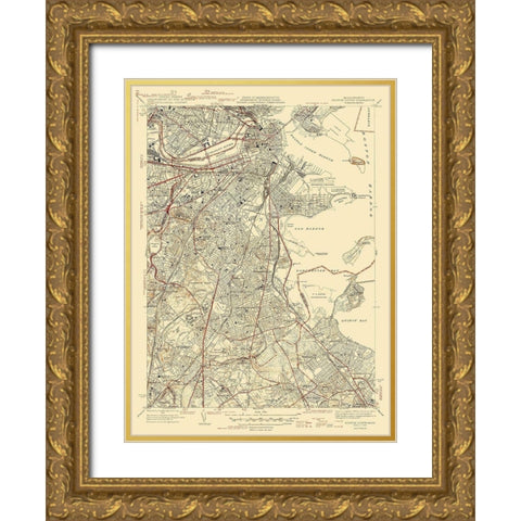 Boston North Massachusetts Quad - USGS 1946 Gold Ornate Wood Framed Art Print with Double Matting by USGS