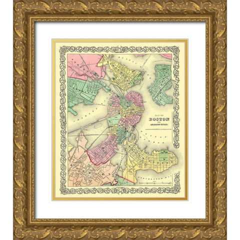 Boston , Adjacent Area Massachusetts - Colton 1855 Gold Ornate Wood Framed Art Print with Double Matting by Colton