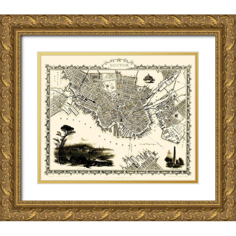 Boston Massachusetts - Tallis 1838 Gold Ornate Wood Framed Art Print with Double Matting by Tallis