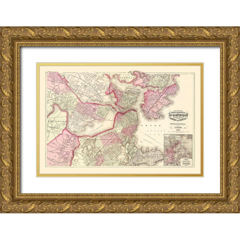 Boston Massachusetts - Walling 1871 Gold Ornate Wood Framed Art Print with Double Matting by Walling