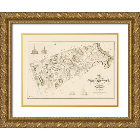 Brookline Massachusetts Landowner - Morse 1844 Gold Ornate Wood Framed Art Print with Double Matting by Morse