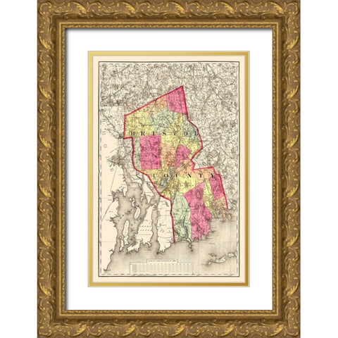 Bristo Massachusetts - Walling 1871 Gold Ornate Wood Framed Art Print with Double Matting by Walling