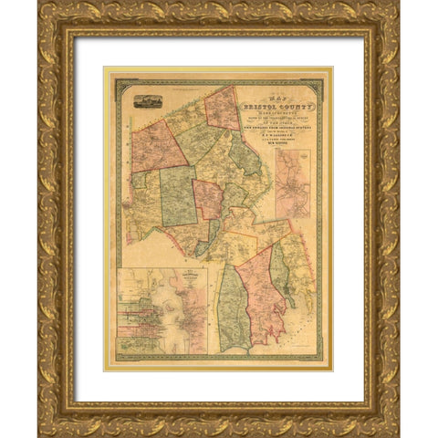 Bristol County Massachusetts - Walling 1852 Gold Ornate Wood Framed Art Print with Double Matting by Walling