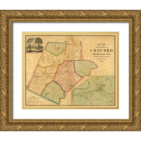 Concord Massachusetts - Walling 1852  Gold Ornate Wood Framed Art Print with Double Matting by Walling