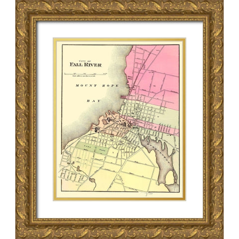 Fall River Massachusetts - Walling 1871 Gold Ornate Wood Framed Art Print with Double Matting by Walling