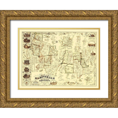 Hampshire Massachusetts - Barker 1854 Gold Ornate Wood Framed Art Print with Double Matting by Barker