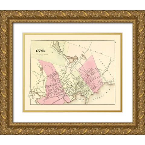 Lynn Massachusetts - Walling 1871 Gold Ornate Wood Framed Art Print with Double Matting by Walling