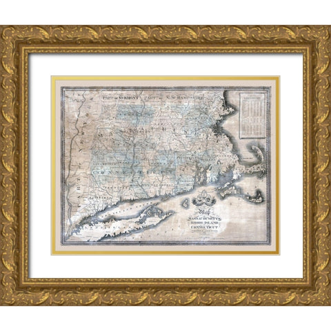Massachusetts Rhode Island Connecticut - Bingham 1840  Gold Ornate Wood Framed Art Print with Double Matting by Bingham