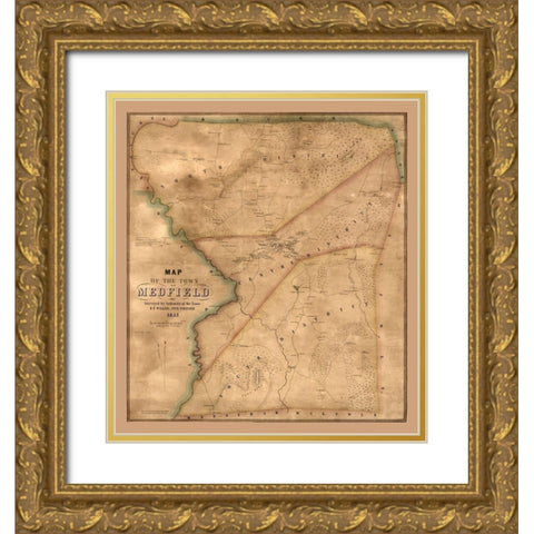 Medfield Massachusetts - Walling 1852  Gold Ornate Wood Framed Art Print with Double Matting by Walling