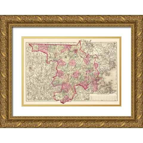 Middlesex Massachusetts - Walling 1871 Gold Ornate Wood Framed Art Print with Double Matting by Walling