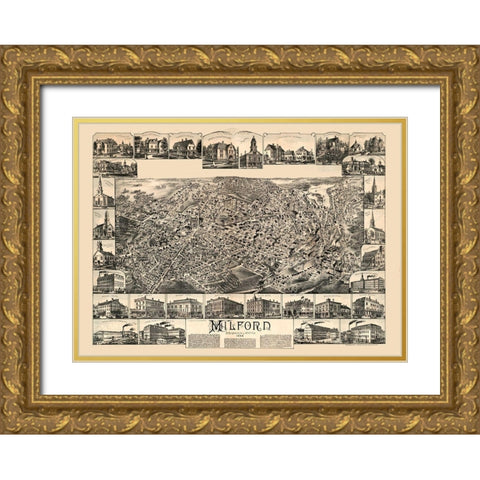 Milford Massachusetts - Bailey 1888  Gold Ornate Wood Framed Art Print with Double Matting by Bailey