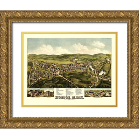 Monson Massachusetts - Bailey 1879  Gold Ornate Wood Framed Art Print with Double Matting by Bailey