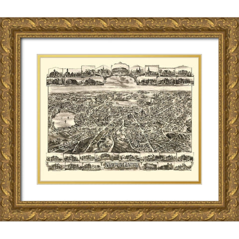 Newton Centre Massachusetts - Bailey 1897 Gold Ornate Wood Framed Art Print with Double Matting by Bailey