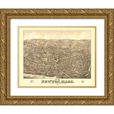 Newton Massachusetts - Bailey 1878  Gold Ornate Wood Framed Art Print with Double Matting by Bailey