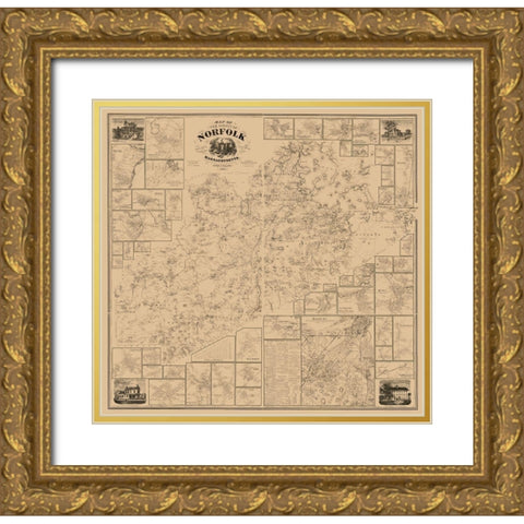 Norfolk County Massachusetts - Walling 1858 Gold Ornate Wood Framed Art Print with Double Matting by Walling