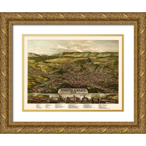North Adams Massachusetts - Rowley 1881  Gold Ornate Wood Framed Art Print with Double Matting by Rowley