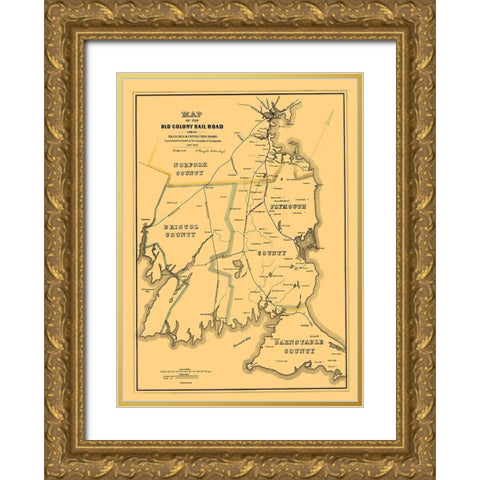 Old Colony Railroad - Bufford 1850 Gold Ornate Wood Framed Art Print with Double Matting by Bufford