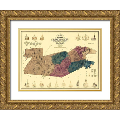 Roxbury Massachusetts - Boynton 1849 Gold Ornate Wood Framed Art Print with Double Matting by Boynton