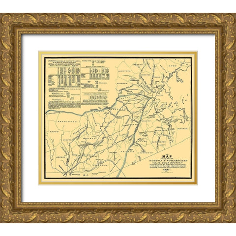 Boston and Woonsocket Railroad - Bouve 1847 Gold Ornate Wood Framed Art Print with Double Matting by Bouve