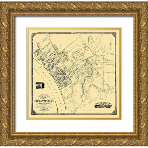 Springfield Massachusetts Landowner - Dripps 1851 Gold Ornate Wood Framed Art Print with Double Matting by Dripps